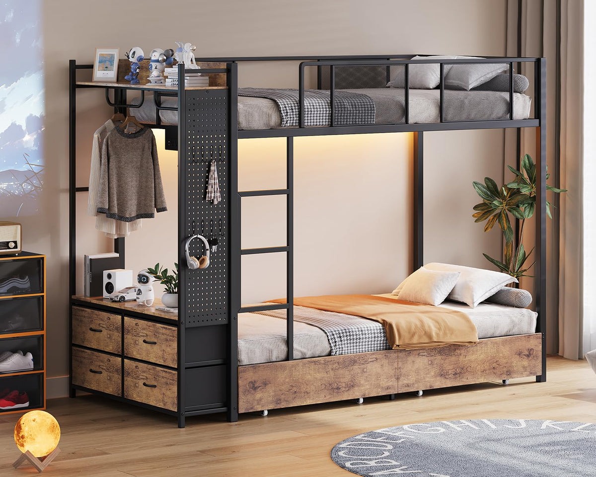 Twin Over Twin Metal Bunk Bed with Storage Drawers E5220