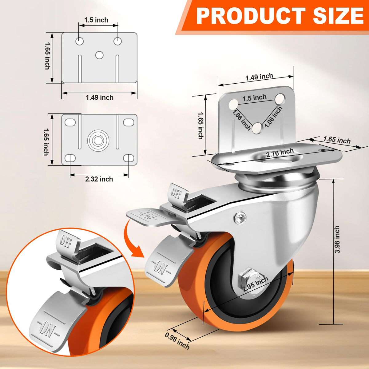 3 Inch Side Mount Casters Set of 4 with Brakes D299224