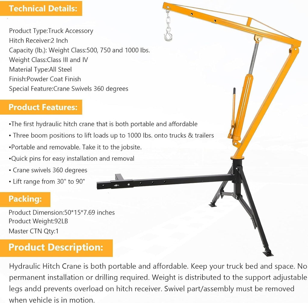 Hydraulic Receiver Hitch Crane 1000LBS Capacity 360° Swivel 3 Adjustable Settings Y851