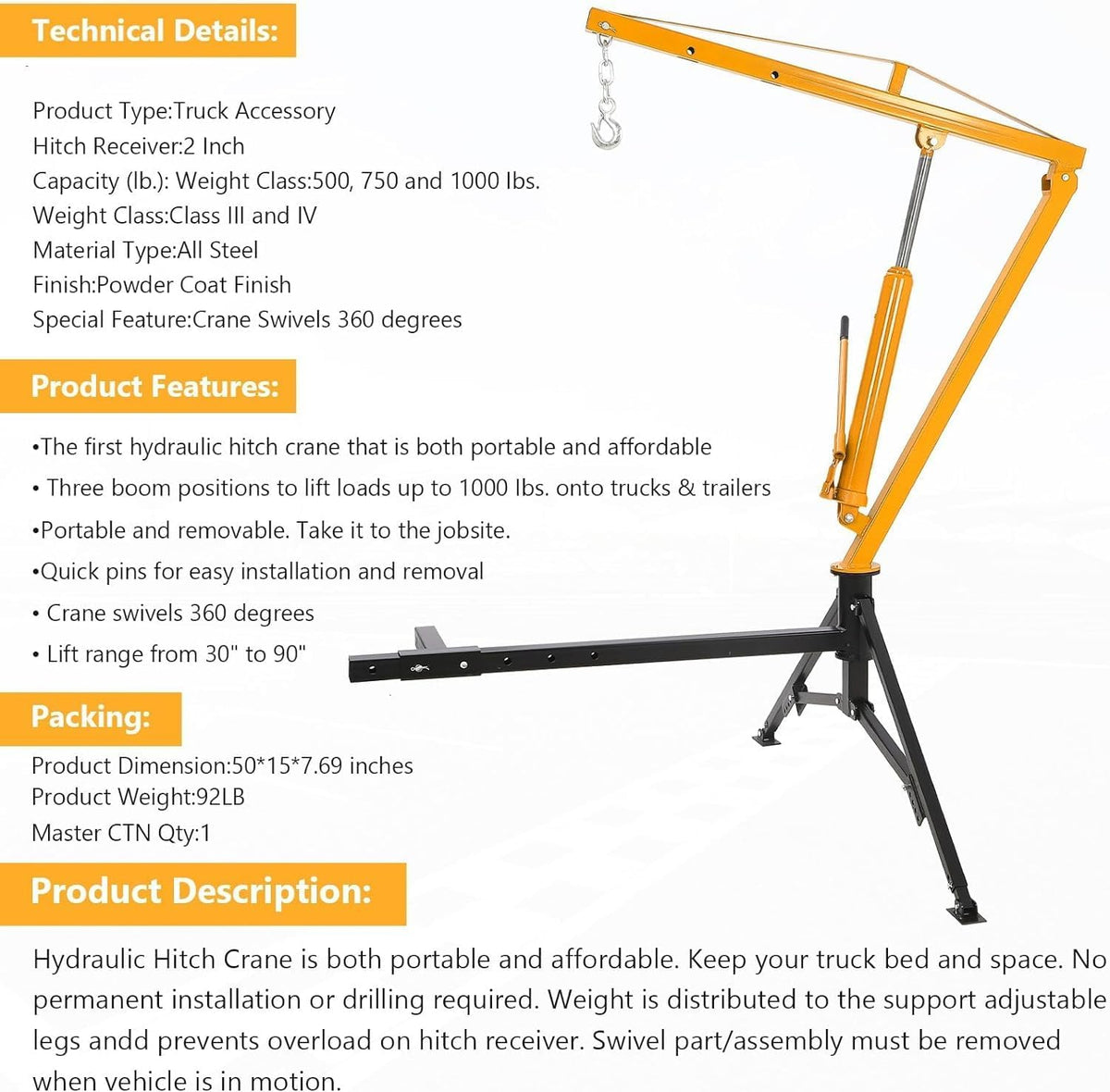 Hydraulic Receiver Hitch Crane 1000LBS Capacity 360° Swivel 3 Adjustable Settings Y851
