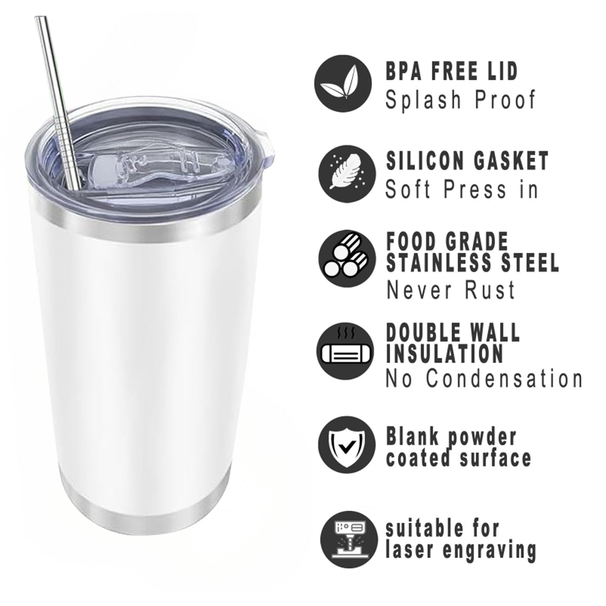 20oz Insulated Stainless Steel Tumblers with Lid and Straw D506