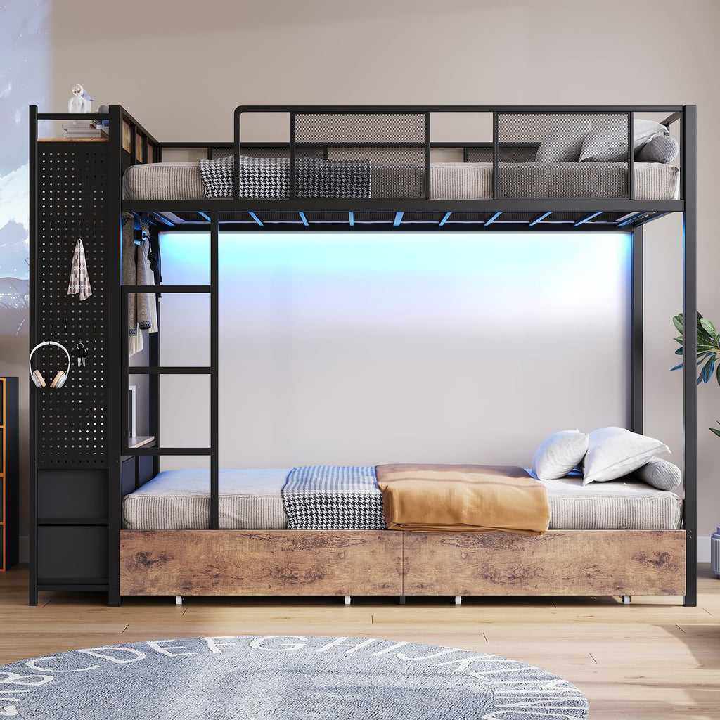 Twin Over Twin Metal Bunk Bed with Storage Drawers E5220