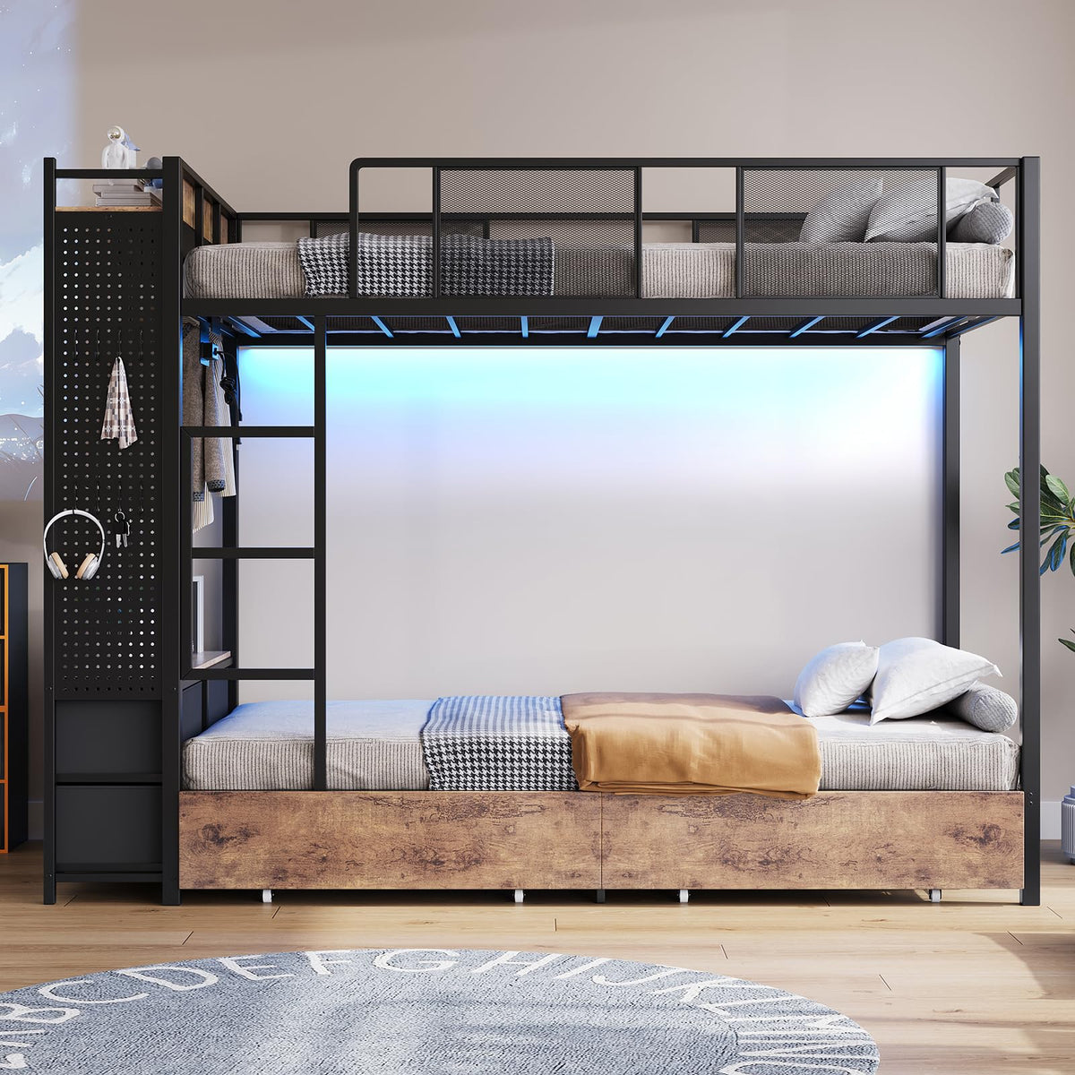 Twin Over Twin Metal Bunk Bed with Storage Drawers E5220