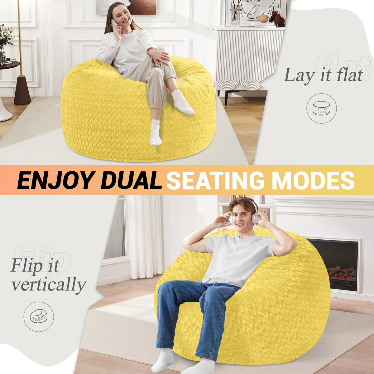 3FT Yellow Memory Foam Bean Bag Chair L534506