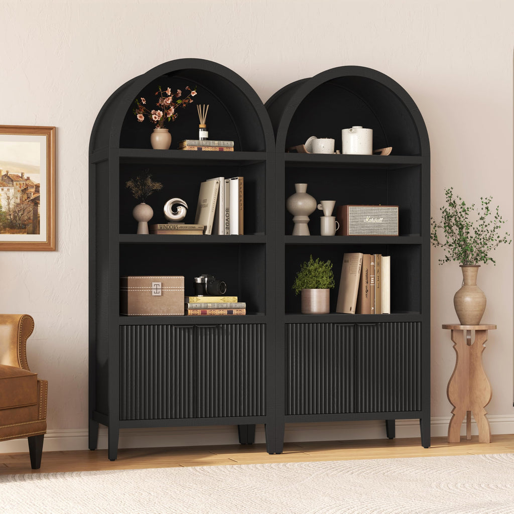 Black 5-Tier Arched Bookshelf with Fluted Doors P5701