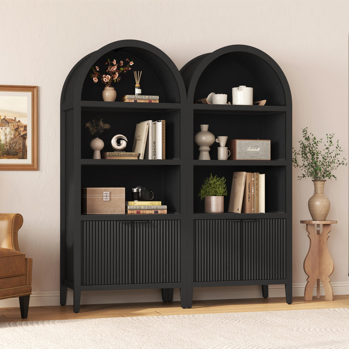 Black 5-Tier Arched Bookshelf with Fluted Doors P5701