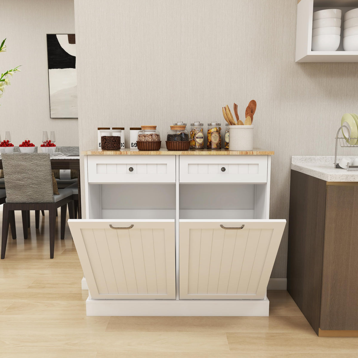 White 10-Gallon Trash Cabinet with 2 Drawers T5491