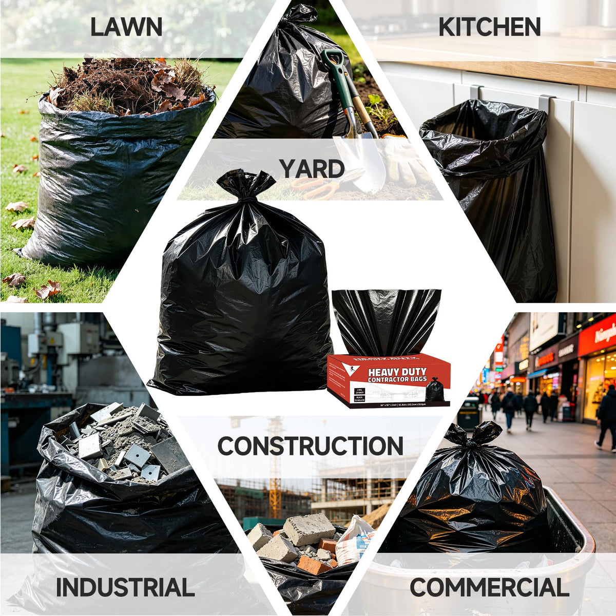 55 Gallon 2 Mil Black Heavy Duty Trash Bags, 20 Count H41154