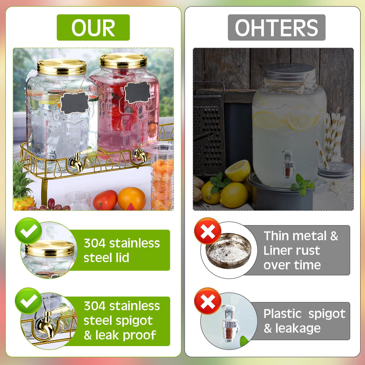 3 Pcs 2 Gallon Glass Drink Dispenser with Stand and Lid Y447807