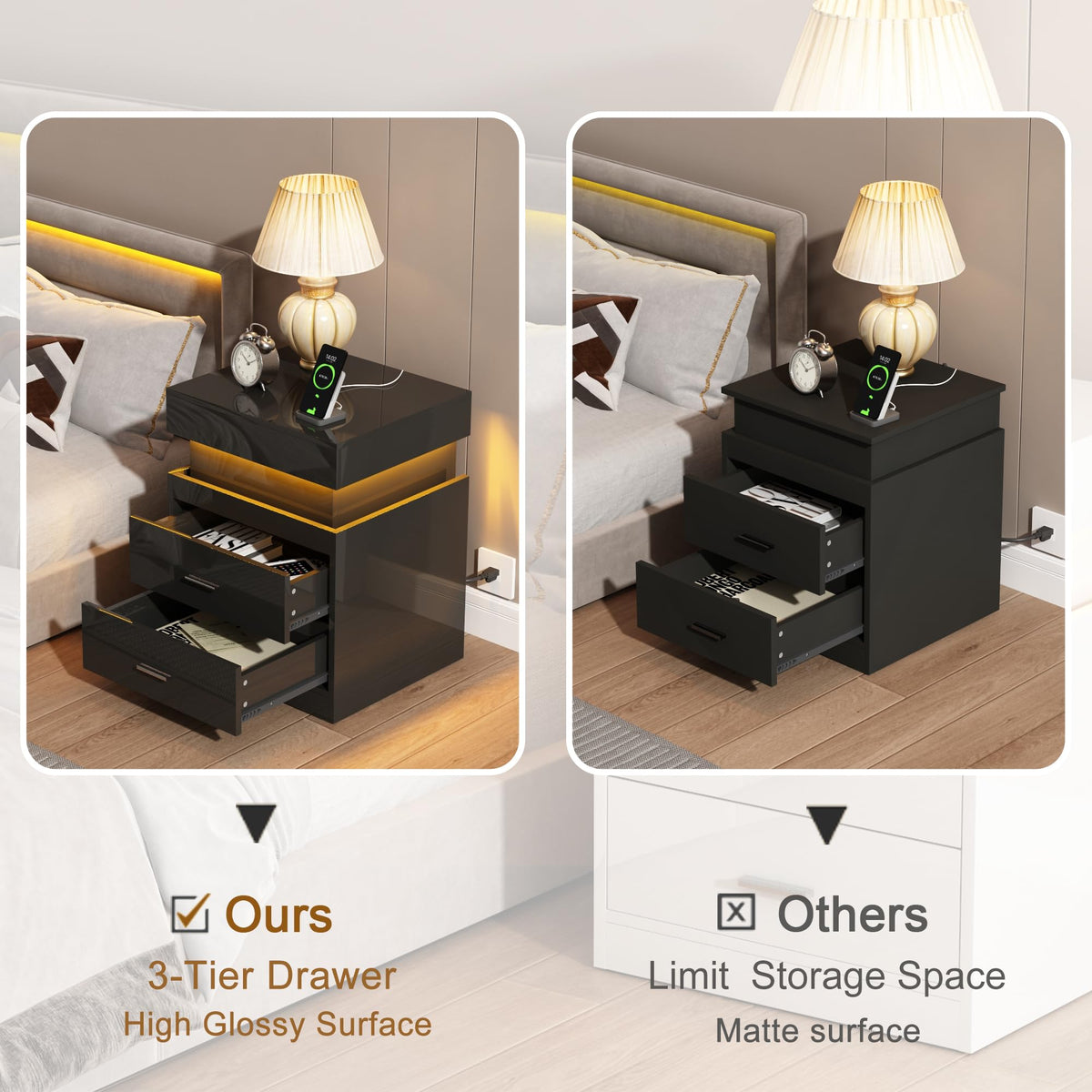 LED Nightstand with Charging Station and Sliding Storage F6029