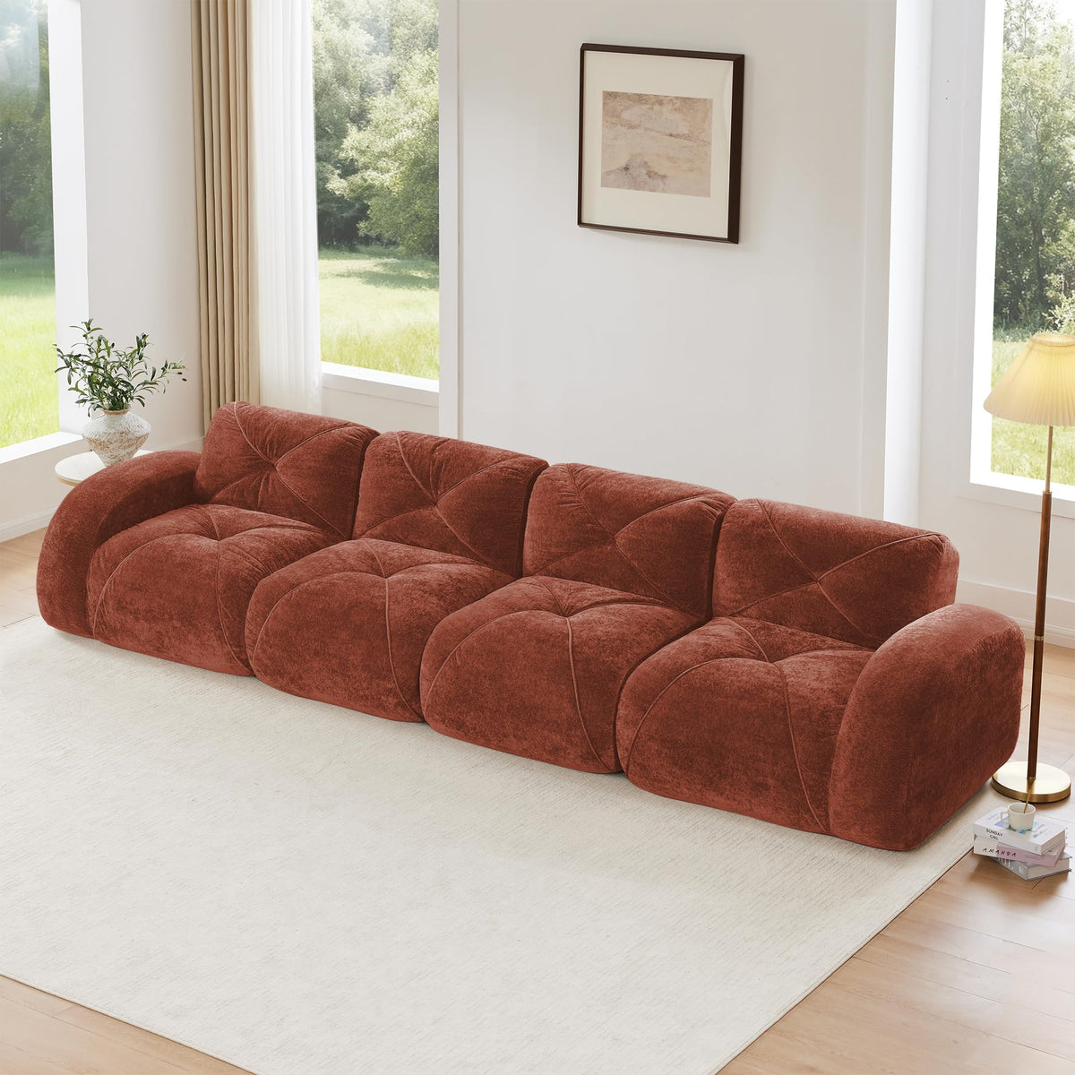 140" Orange Velvet Sofa with Tufted 32D Sponge S5490