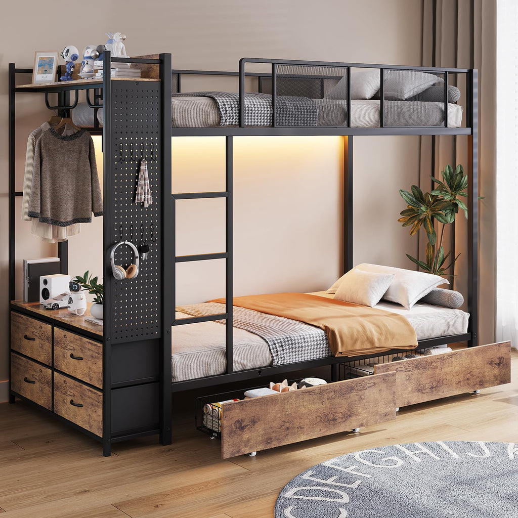 Twin Over Twin Metal Bunk Bed with Storage Drawers E5220