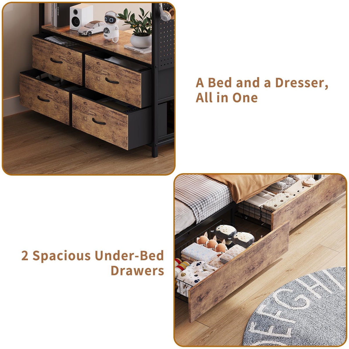 Twin Over Twin Metal Bunk Bed with Storage Drawers E5220