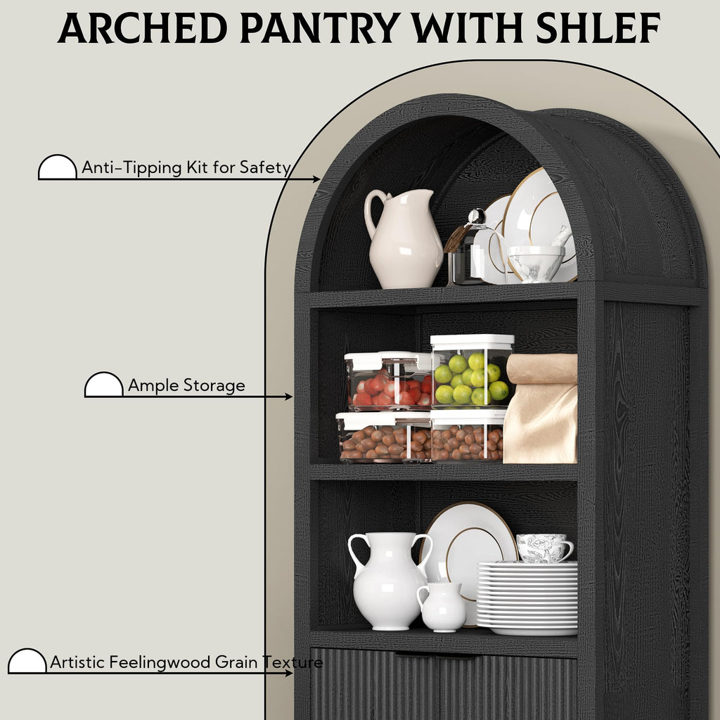 Black 5-Tier Arched Bookshelf with Fluted Doors P5701