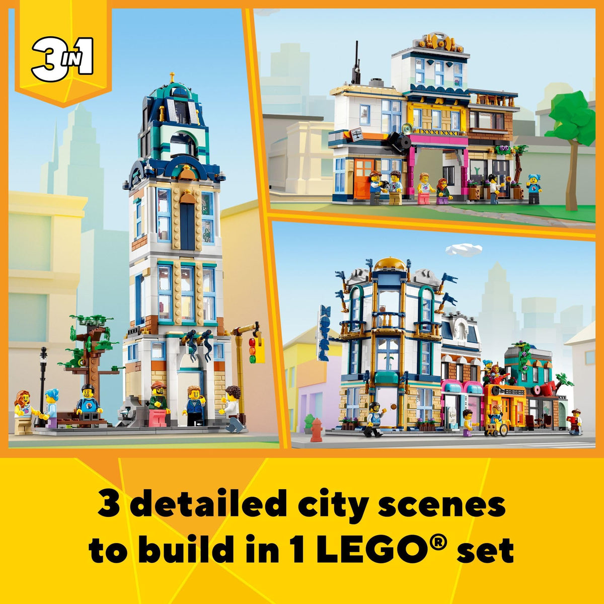 Building Toy Set, 3 in 1 City Art Deco Building, Market Street Hotel, Café Music Store and 6 Minifigures S694