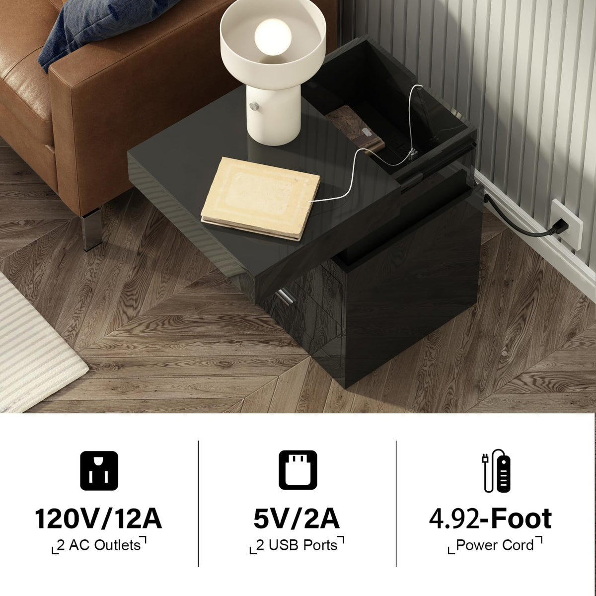 LED Nightstand with Charging Station and Sliding Storage F6029