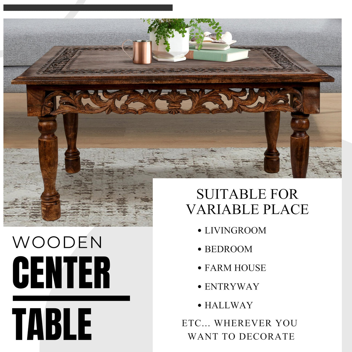 Farmhouse Coffee Table 36x24x18 Jali Carved Wood S466772