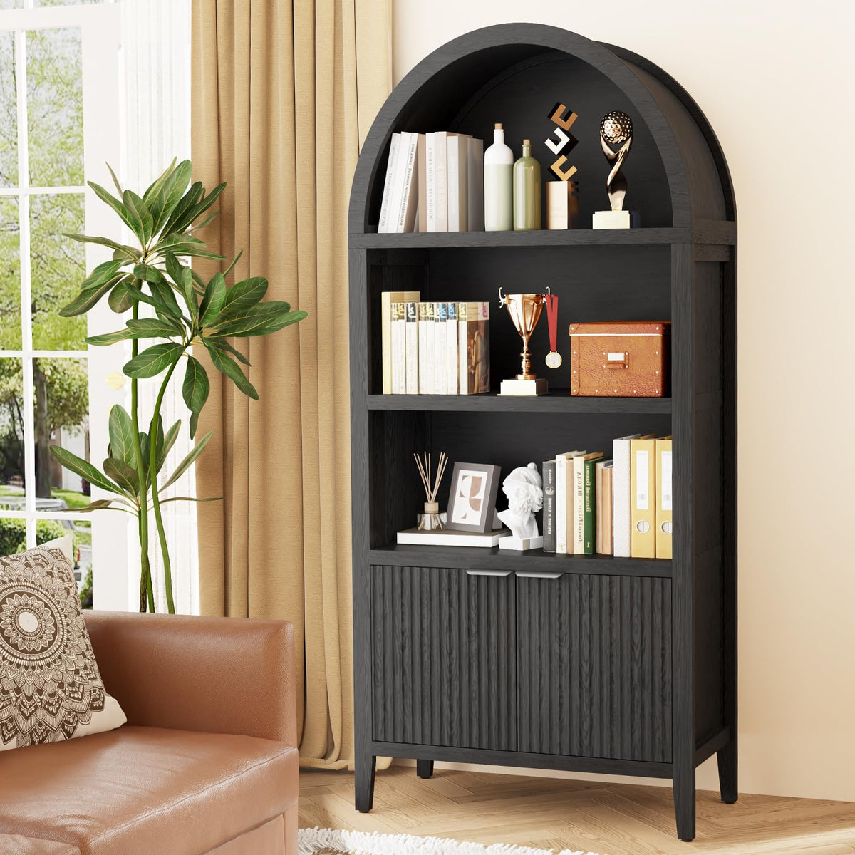 Black 5-Tier Arched Bookshelf with Fluted Doors P5701