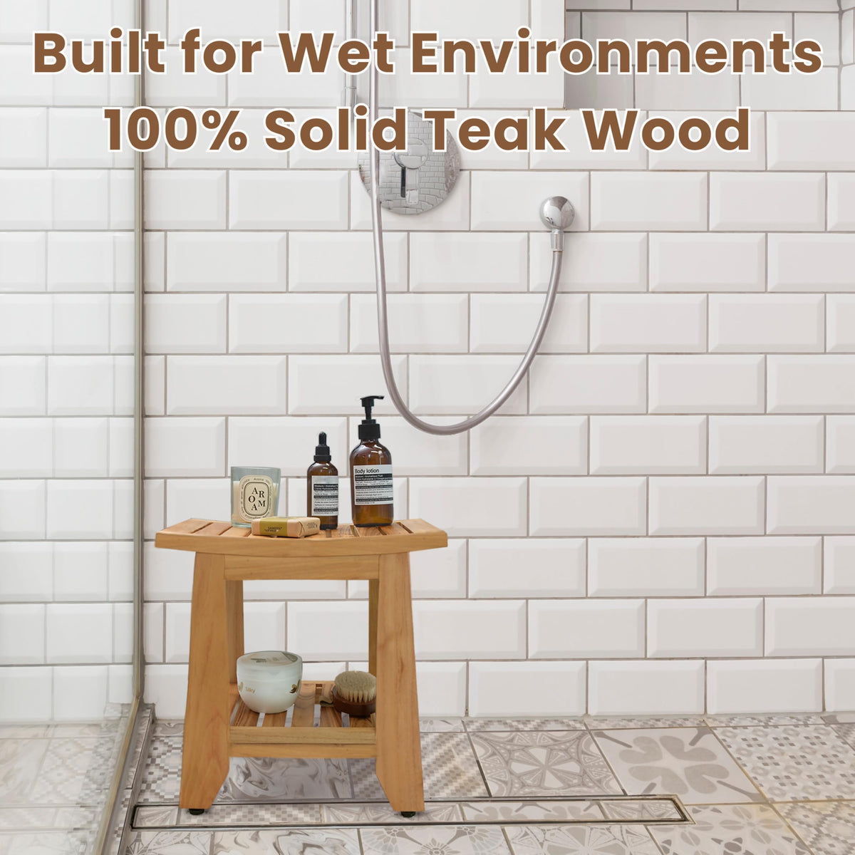 14'' Waterproof Teak Shower Bench with Storage Shelf B35434
