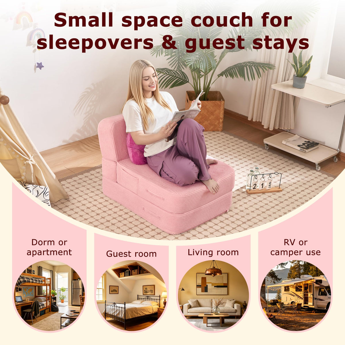 Pink Folding Convertible Sofa Bed D8824