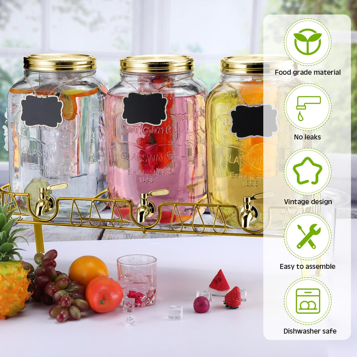 3 Pcs 2 Gallon Glass Drink Dispenser with Stand and Lid Y447807