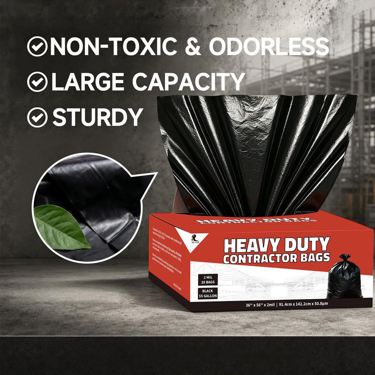 55 Gallon 2 Mil Black Heavy Duty Trash Bags, 20 Count H41154