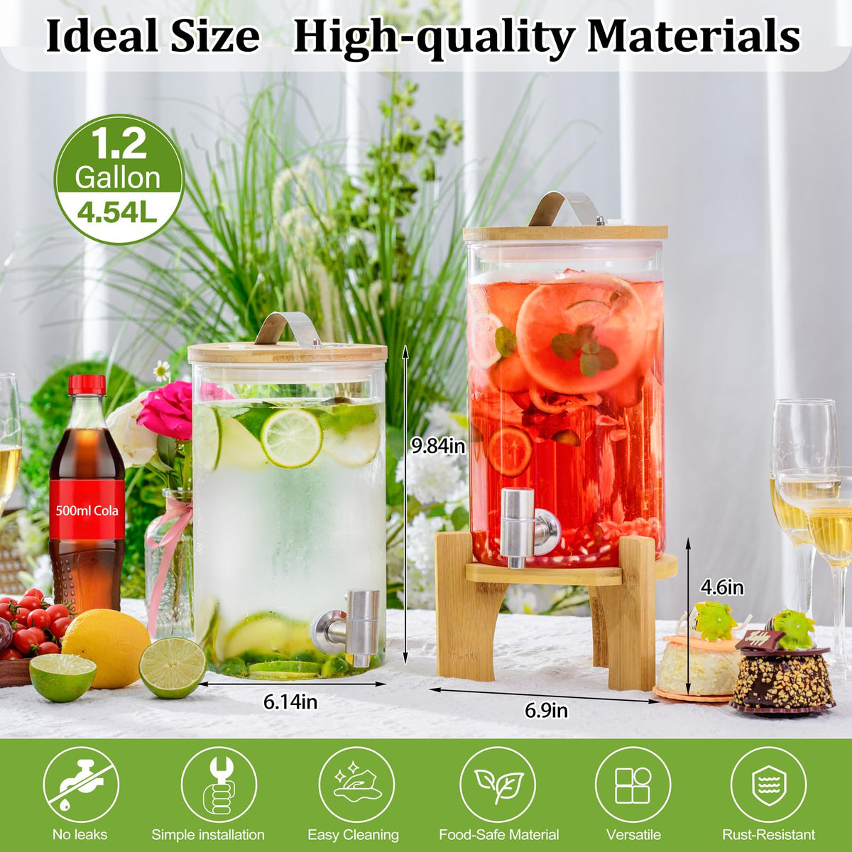 1.2 Gallon Glass Drink Dispenser with Stand and Spigot, 2 Pack M773794