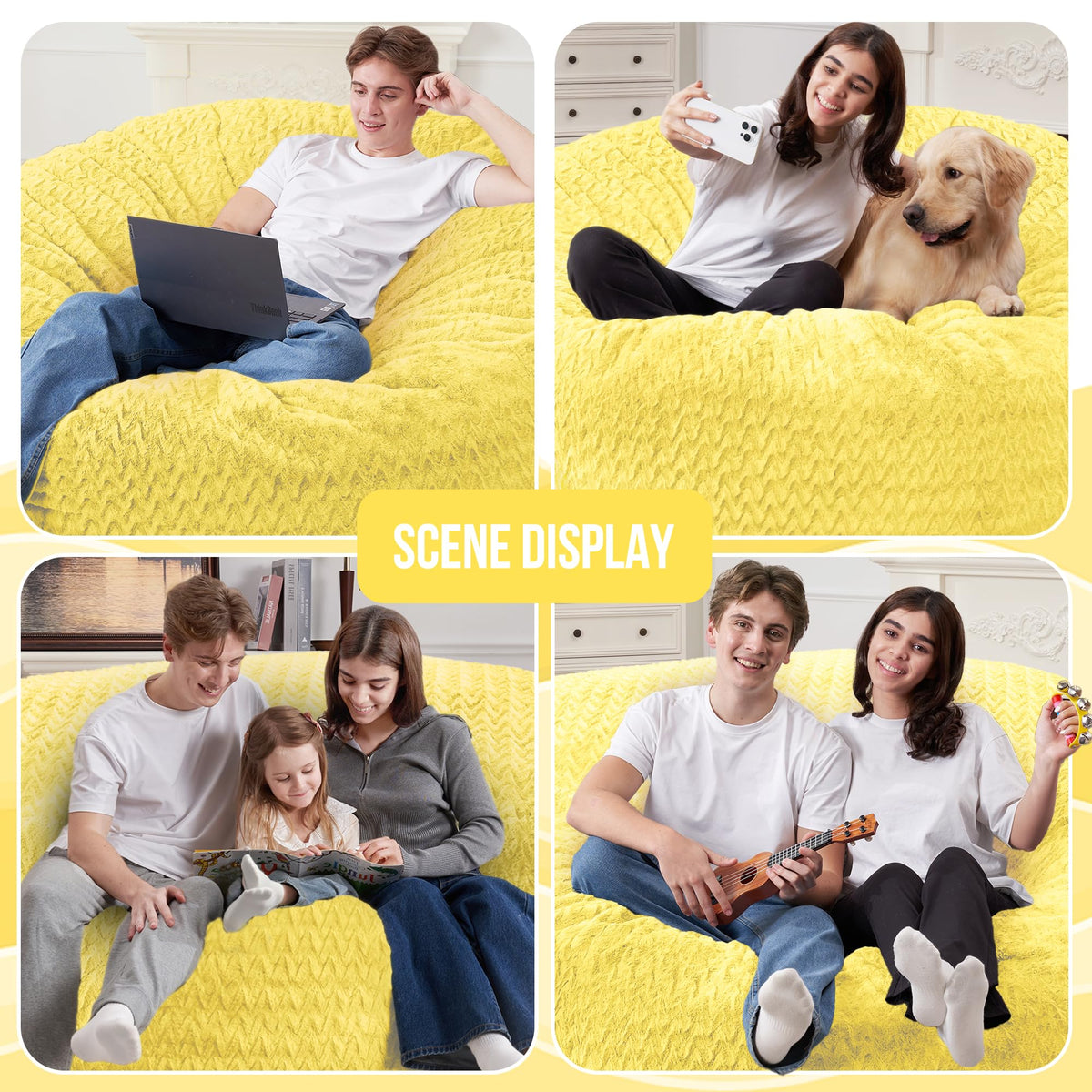 3FT Yellow Memory Foam Bean Bag Chair L534506