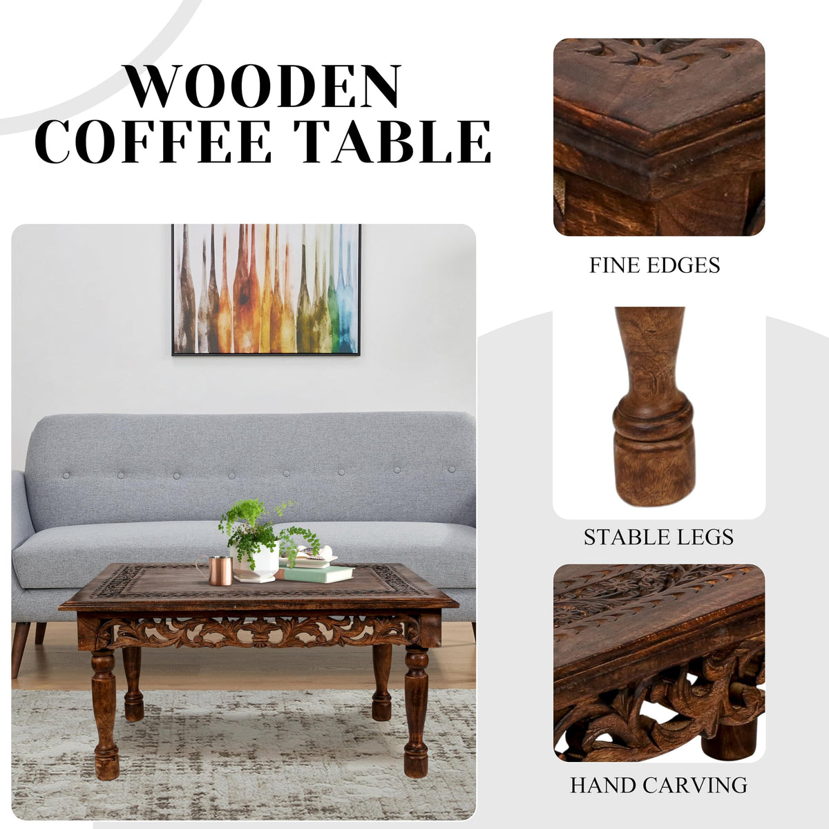 Farmhouse Coffee Table 36x24x18 Jali Carved Wood S466772