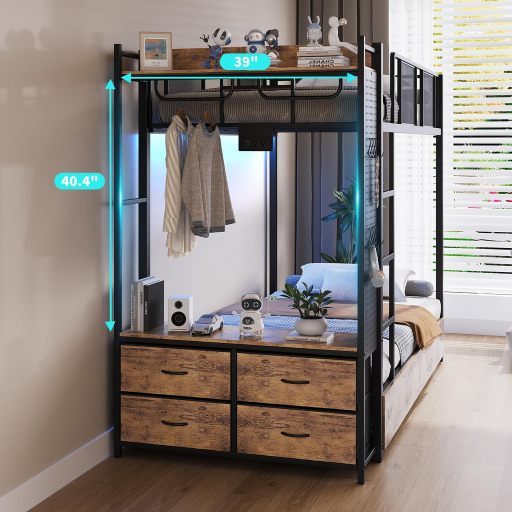 Twin Over Twin Metal Bunk Bed with Storage Drawers E5220