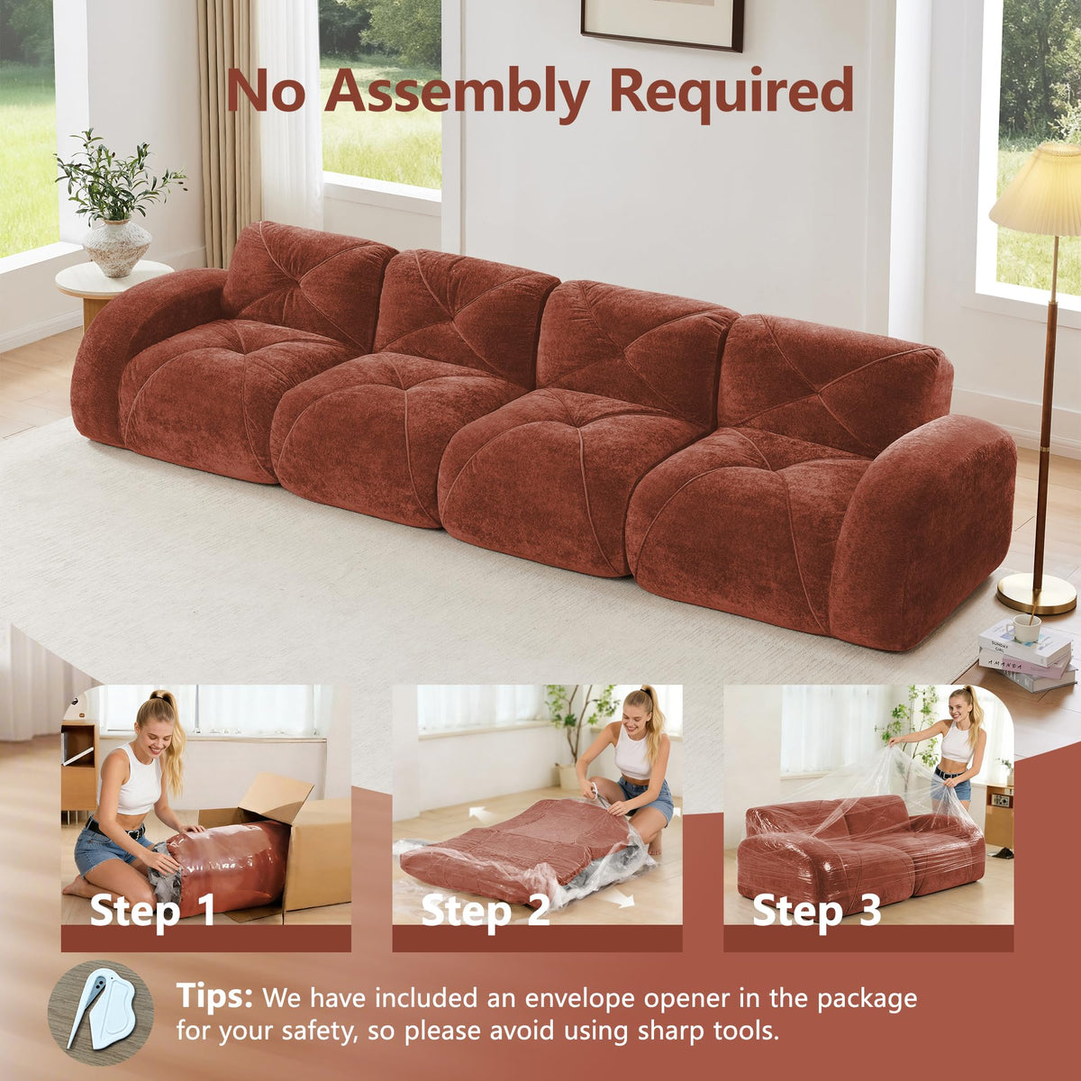 140" Orange Velvet Sofa with Tufted 32D Sponge S5490