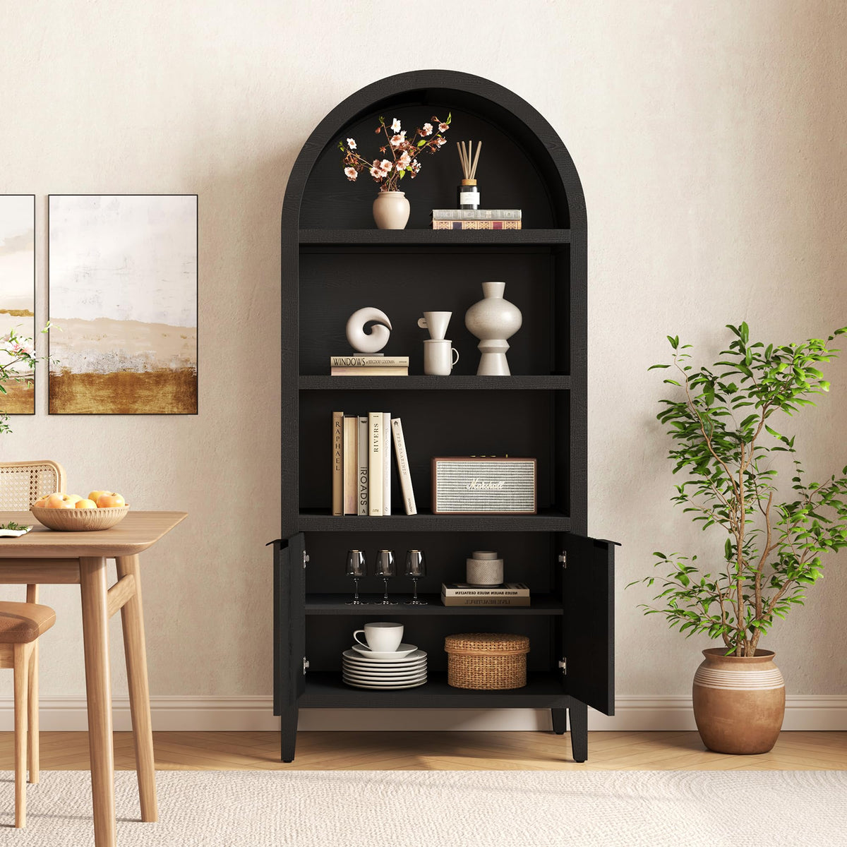 Black 5-Tier Arched Bookshelf with Fluted Doors P5701