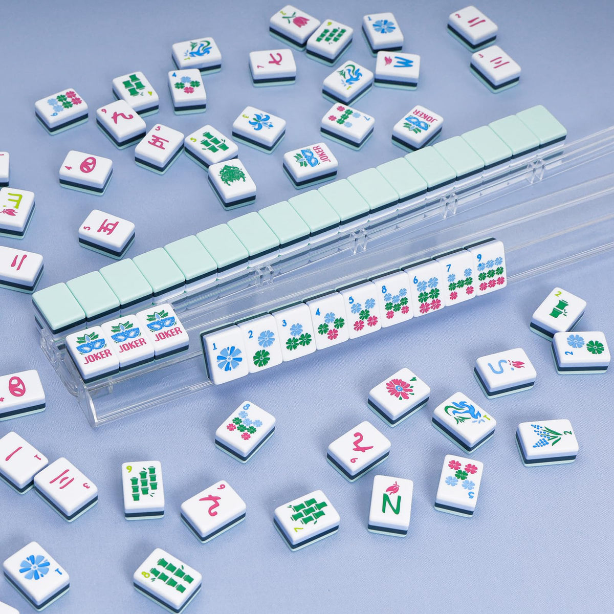 American Mahjong Set with Blue Carrying Bag, 160 Acrylic Tiles, 4 Rack/Pushers P5734