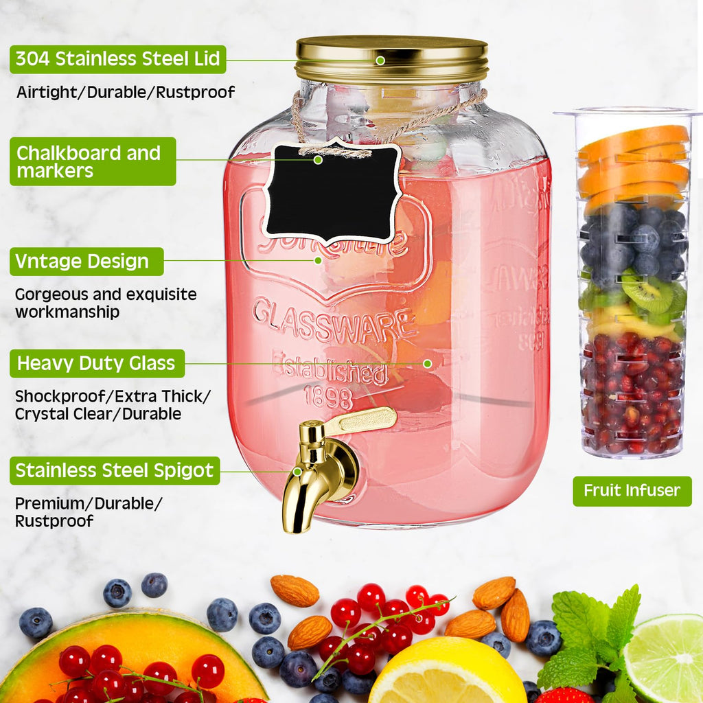 3 Pcs 2 Gallon Glass Drink Dispenser with Stand and Lid Y447807