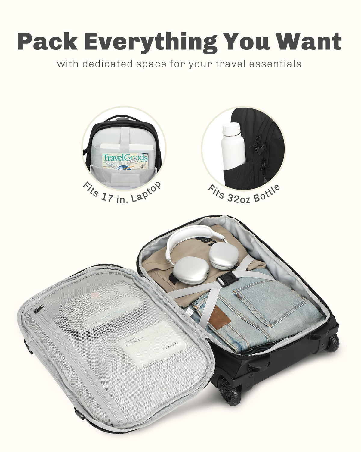 Rolling Backpack with Wheels 43L Jet Black I543