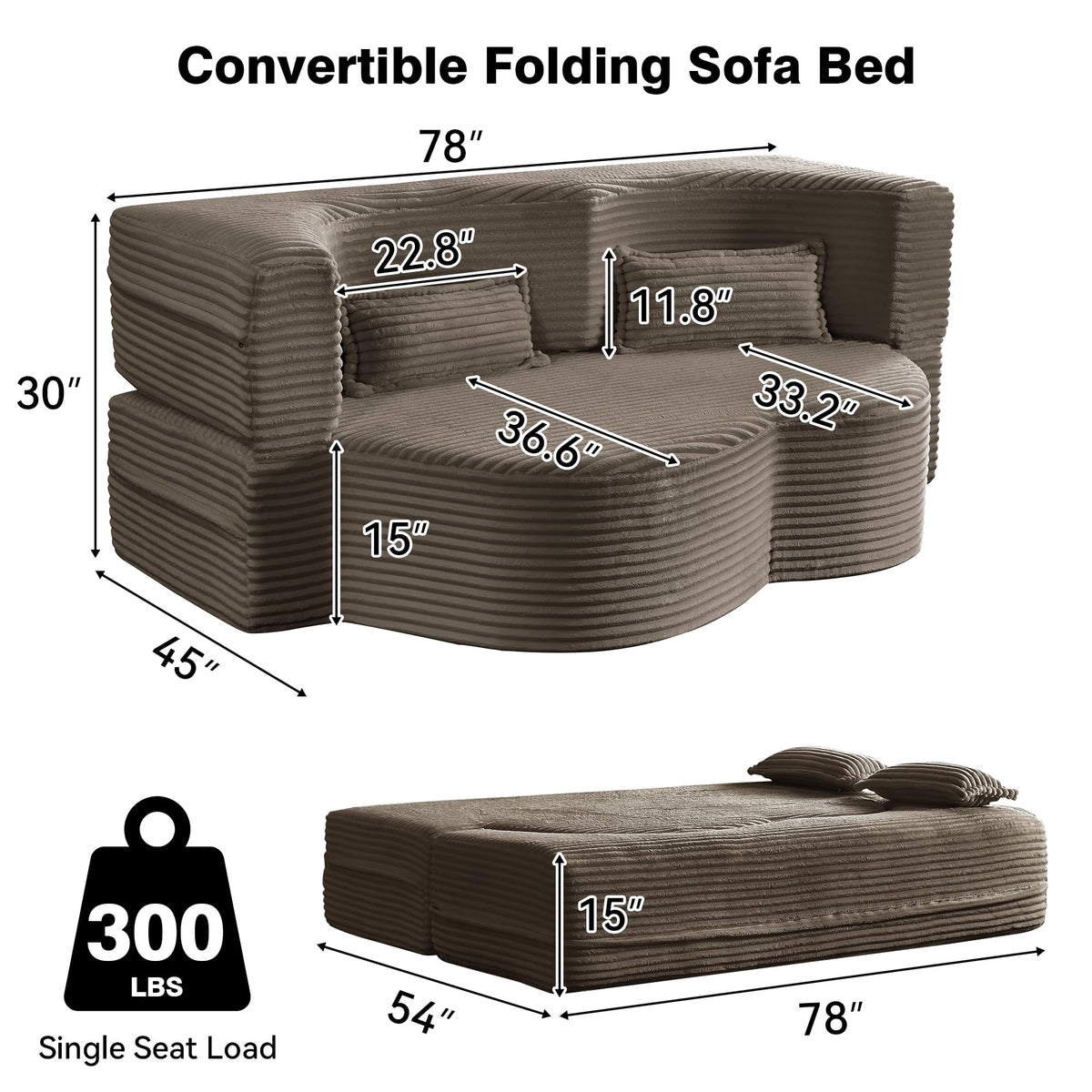 Brown Corduroy Convertible Futon Sofa Bed Q3551