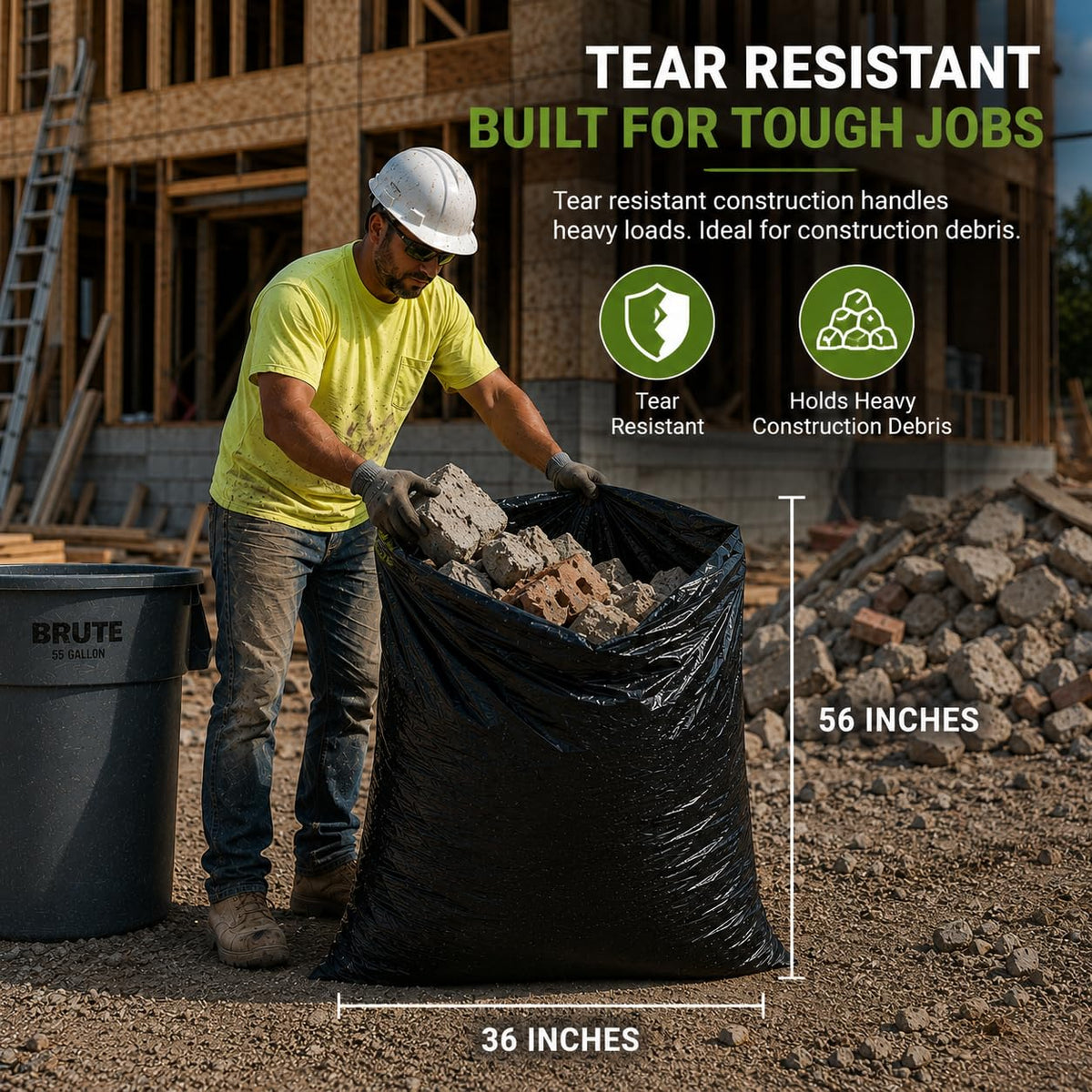 55 Gallon 2 Mil Black Heavy Duty Trash Bags, 20 Count H41154