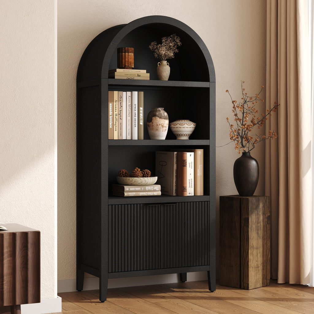 Black 5-Tier Arched Bookshelf with Fluted Doors P5701