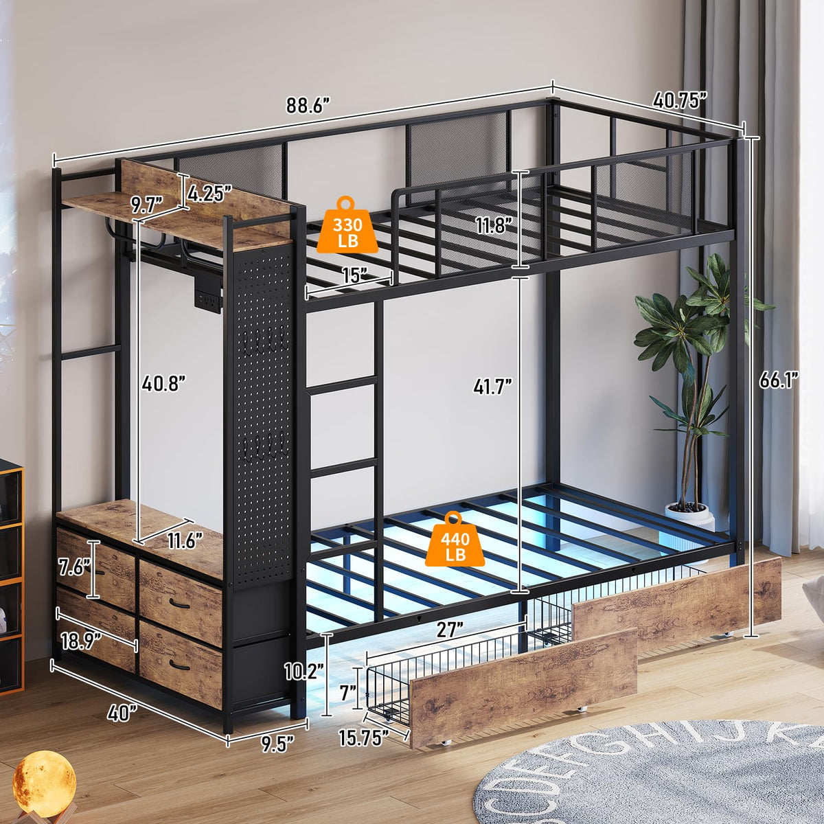 Twin Over Twin Metal Bunk Bed with Storage Drawers E5220
