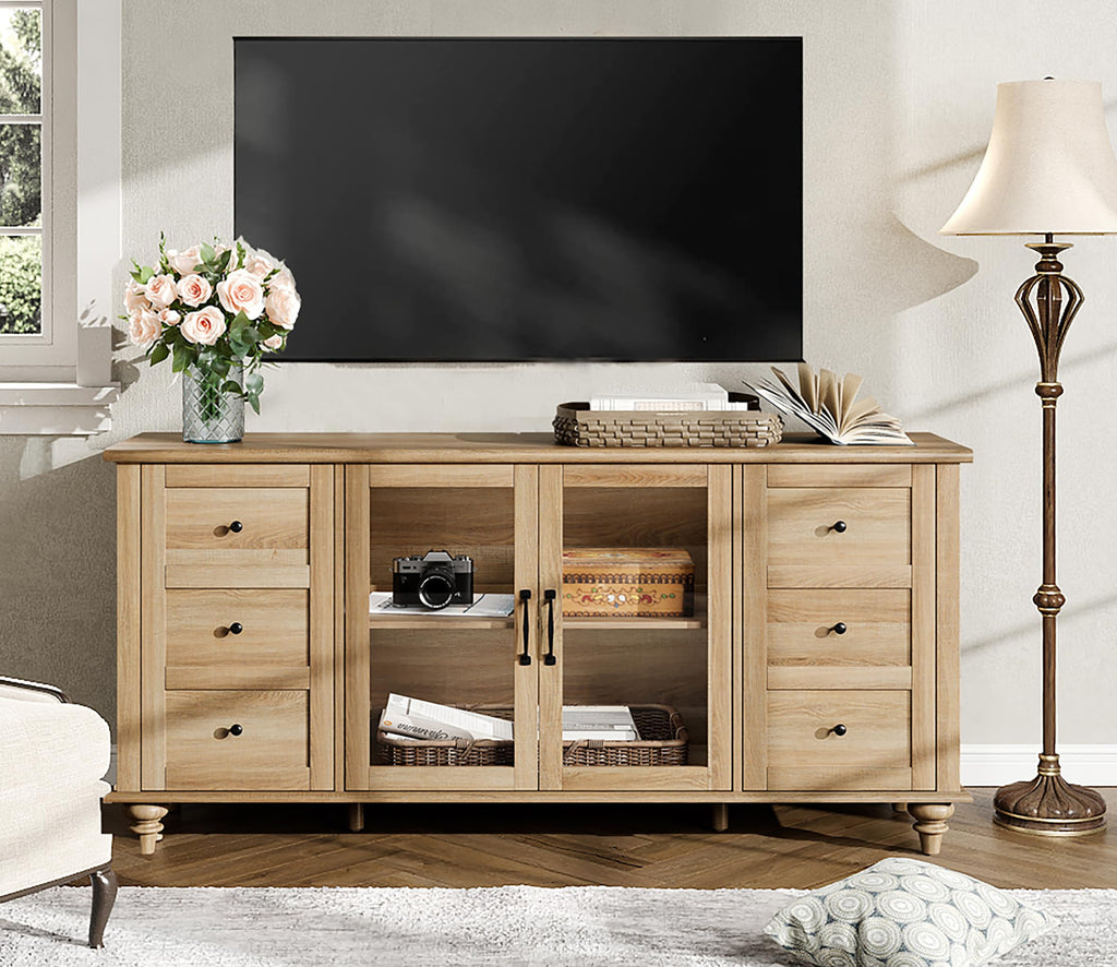 Wood TV Stand for 65 Inch TV with Glass Door D1570