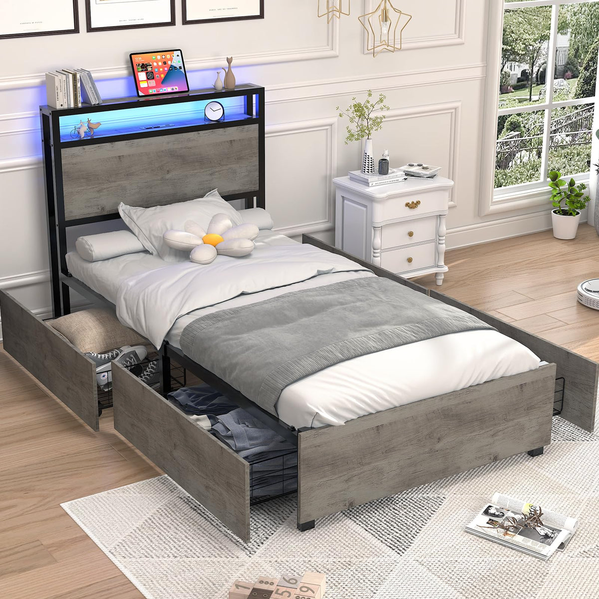 Twin Size Bed Frame with 4 Storage Drawers D471