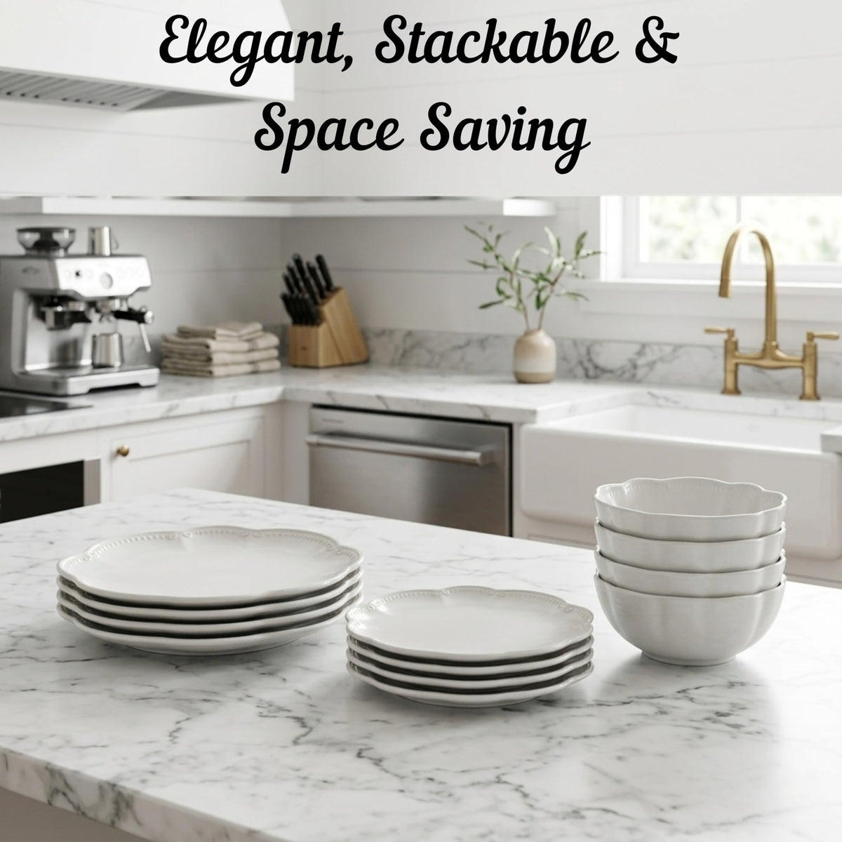 12 Pieces Scalloped White Plates & Bowls Set S171