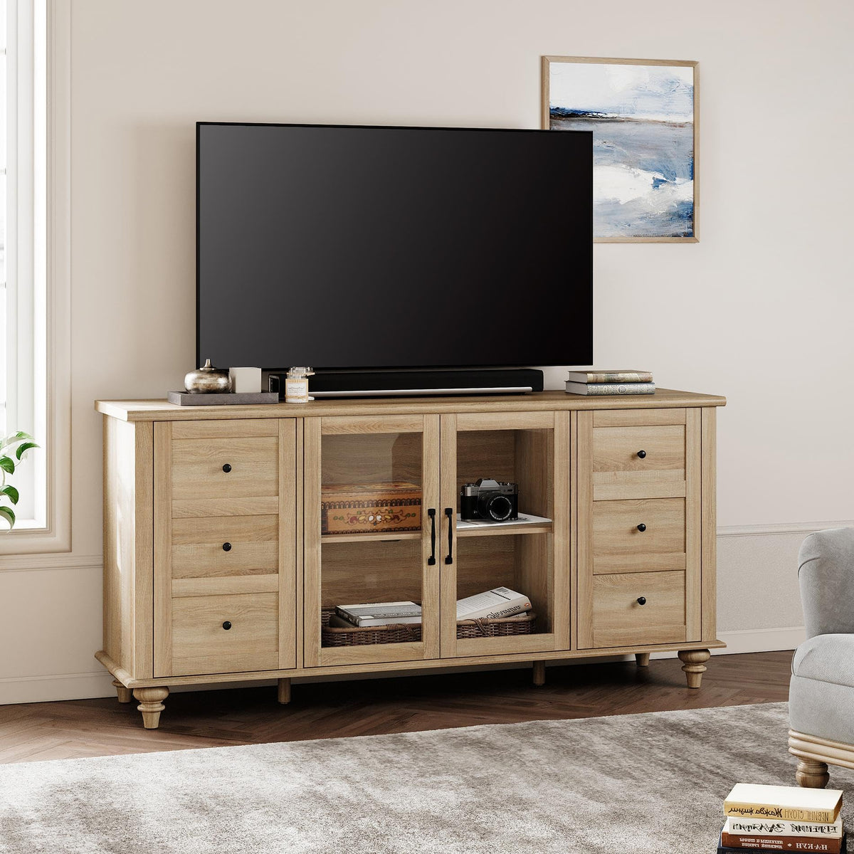 Wood TV Stand for 65 Inch TV with Glass Door D1570