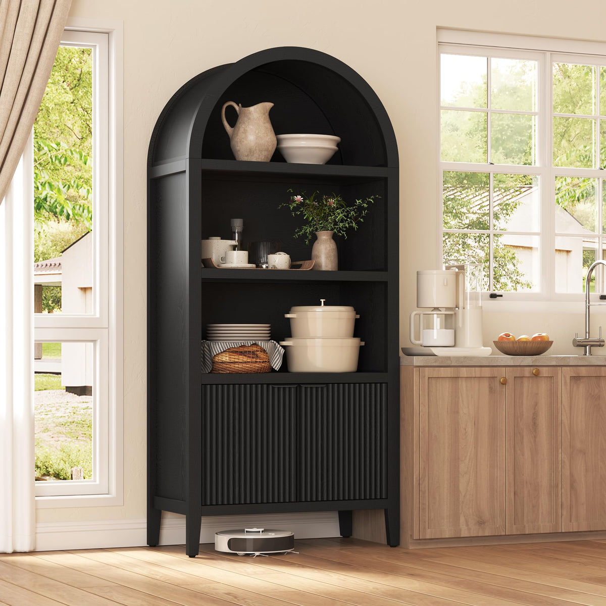 Black 5-Tier Arched Bookshelf with Fluted Doors P5701