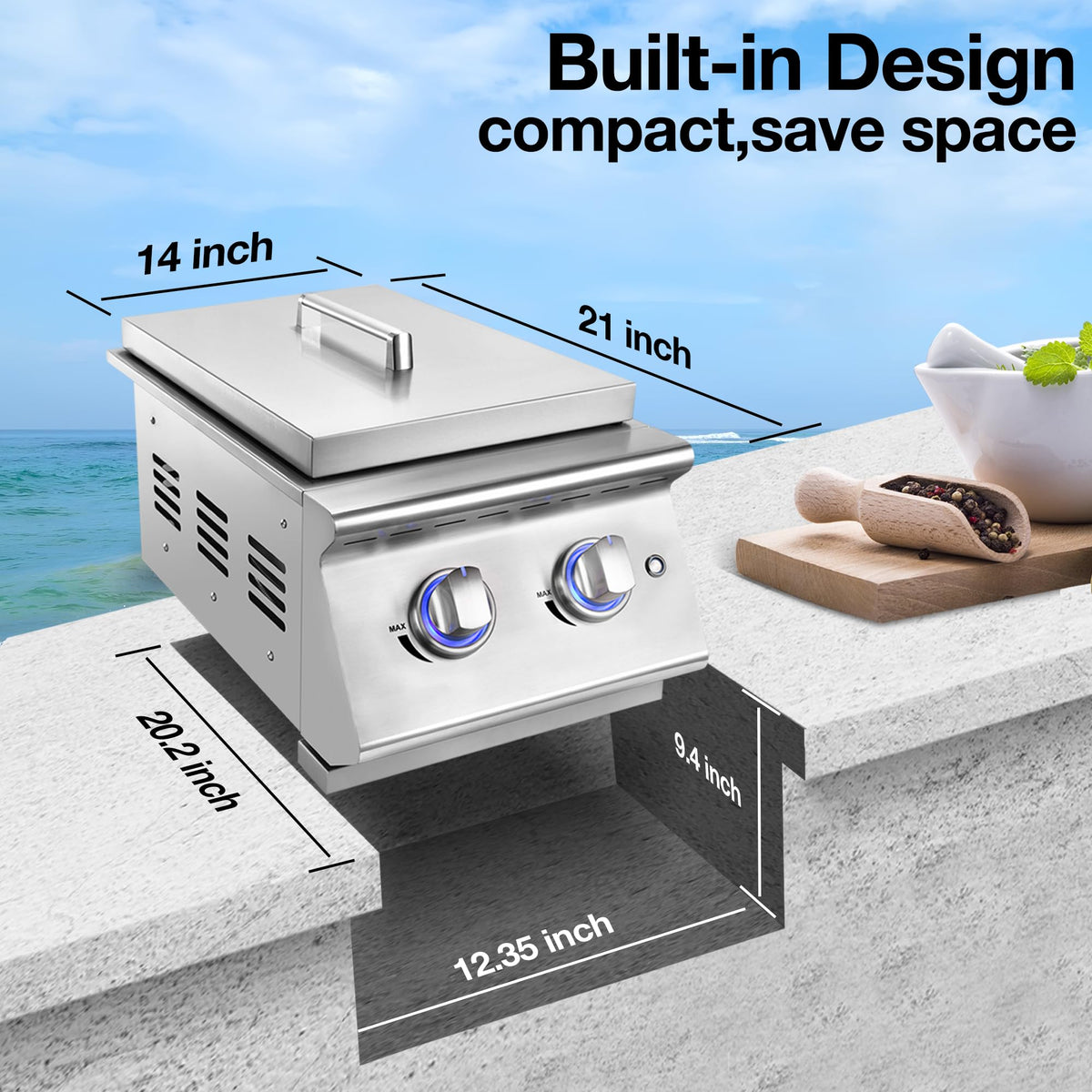 Double Grilling Side Burners 304 Stainless Steel 2 * 15,000BTU M8196
