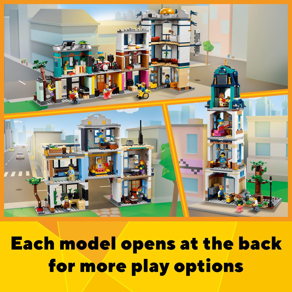 Building Toy Set, 3 in 1 City Art Deco Building, Market Street Hotel, Café Music Store and 6 Minifigures S694
