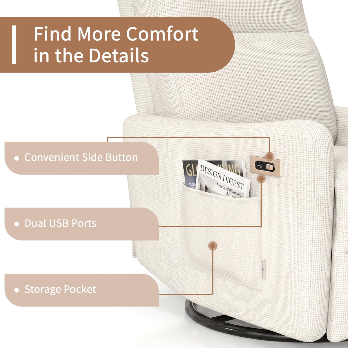 Power Swivel Recliner Chair with USB Charging Port Y2418
