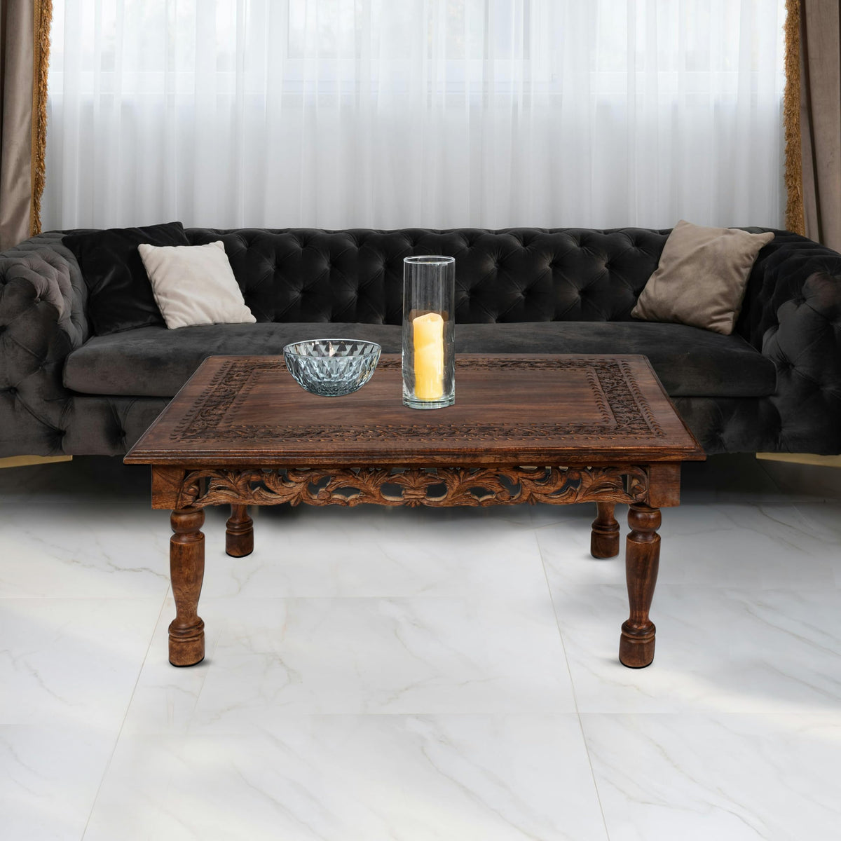 Farmhouse Coffee Table 36x24x18 Jali Carved Wood S466772