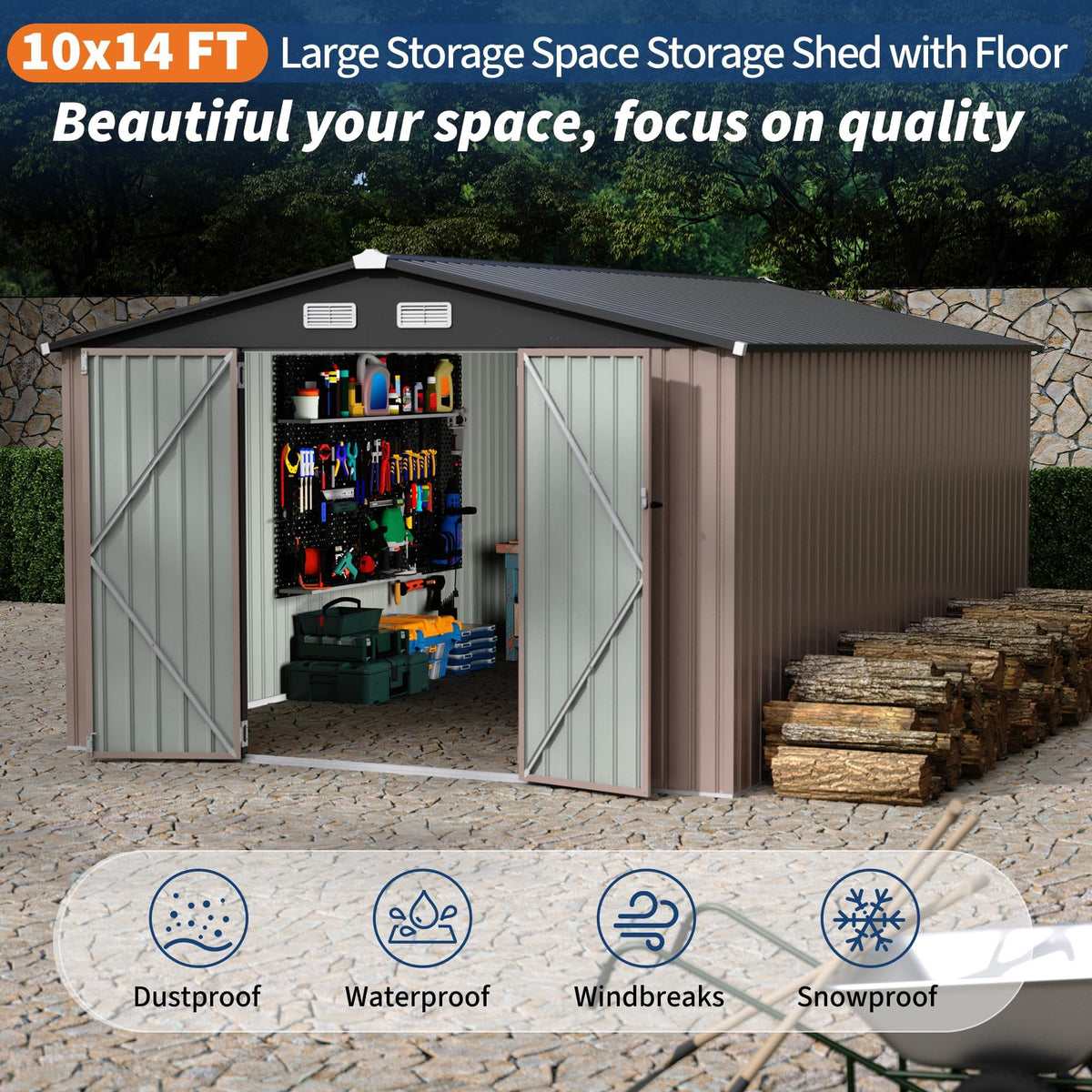 10X14 Ft Metal Storage Building with Lockable Door J31998