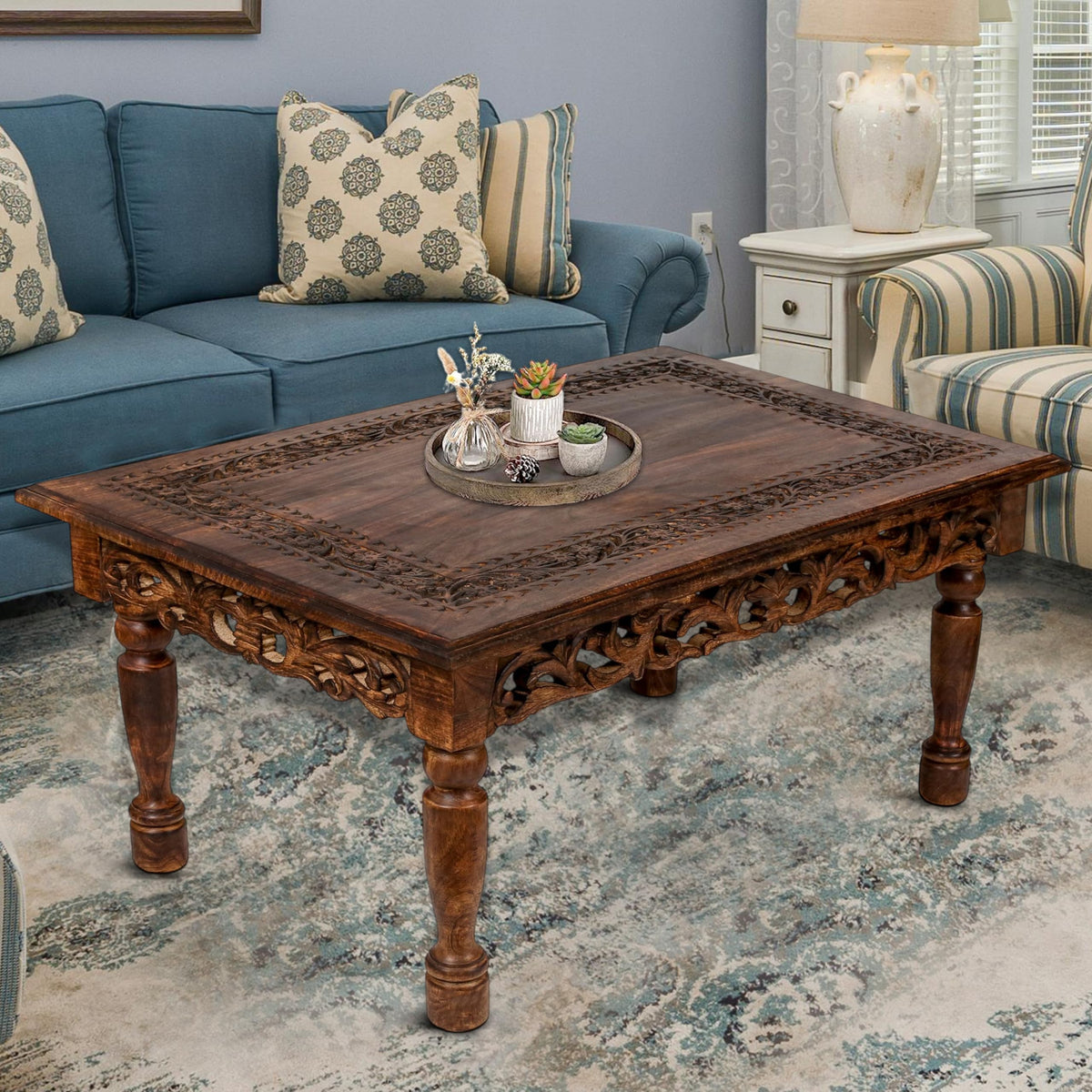 Farmhouse Coffee Table 36x24x18 Jali Carved Wood S466772